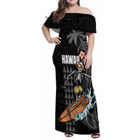 Hawaiian Halloween Skeleton Surfing Family Matching Off Shoulder Maxi Dress and Hawaiian Shirt Polynesian Tribal Tattoo and Hawaiian Pattern