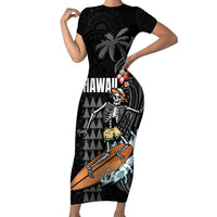 Hawaiian Halloween Skeleton Surfing Family Matching Short Sleeve Bodycon Dress and Hawaiian Shirt Polynesian Tribal Tattoo and Hawaiian Pattern
