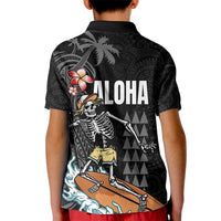 Hawaiian Halloween Skeleton Surfing Kid Polo Shirt Polynesian Tribal Tattoo and Hawaiian Pattern