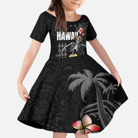 Hawaiian Halloween Skeleton Surfing Kid Short Sleeve Dress Polynesian Tribal Tattoo and Hawaiian Pattern