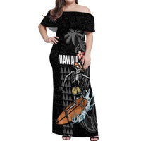Hawaiian Halloween Skeleton Surfing Off Shoulder Maxi Dress Polynesian Tribal Tattoo and Hawaiian Pattern