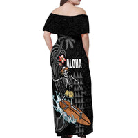 Hawaiian Halloween Skeleton Surfing Off Shoulder Maxi Dress Polynesian Tribal Tattoo and Hawaiian Pattern