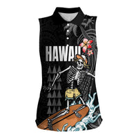 Hawaiian Halloween Skeleton Surfing Women Sleeveless Polo Shirt Polynesian Tribal Tattoo and Hawaiian Pattern