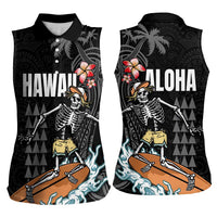 Hawaiian Halloween Skeleton Surfing Women Sleeveless Polo Shirt Polynesian Tribal Tattoo and Hawaiian Pattern