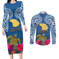 Hawaii Lanai Island Couples Matching Long Sleeve Bodycon Dress and Long Sleeve Button Shirts Hibiscus Turle and Map with Polynesian Spiral LT03 Blue - Polynesian Pride