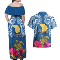 Hawaii Lanai Island Couples Matching Off Shoulder Maxi Dress and Hawaiian Shirt Hibiscus Turle and Map with Polynesian Spiral LT03 - Polynesian Pride