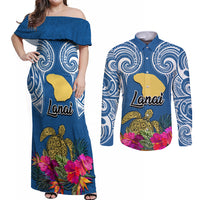 Hawaii Lanai Island Couples Matching Off Shoulder Maxi Dress and Long Sleeve Button Shirts Hibiscus Turle and Map with Polynesian Spiral LT03 Blue - Polynesian Pride