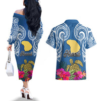 Hawaii Lanai Island Couples Matching Off The Shoulder Long Sleeve Dress and Hawaiian Shirt Hibiscus Turle and Map with Polynesian Spiral LT03 - Polynesian Pride