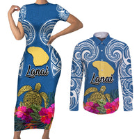 Hawaii Lanai Island Couples Matching Short Sleeve Bodycon Dress and Long Sleeve Button Shirts Hibiscus Turle and Map with Polynesian Spiral LT03 Blue - Polynesian Pride
