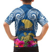 Hawaii Lanai Island Family Matching Off Shoulder Long Sleeve Dress and Hawaiian Shirt Hibiscus Turle and Map with Polynesian Spiral LT03 - Polynesian Pride
