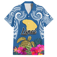Hawaii Lanai Island Family Matching Short Sleeve Bodycon Dress and Hawaiian Shirt Hibiscus Turle and Map with Polynesian Spiral LT03 Dad's Shirt - Short Sleeve Blue - Polynesian Pride