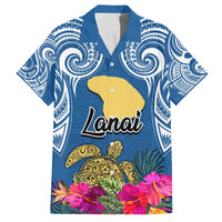 Hawaii Lanai Island Hawaiian Shirt Hibiscus Turle and Map with Polynesian Spiral LT03 Blue - Polynesian Pride