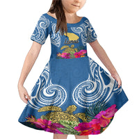 Custom Hawaii Lanai Island Family Matching Mermaid Dress and Hawaiian Shirt Hibiscus Turle and Map with Polynesian Spiral LT03 Daughter's Dress Blue - Polynesian Pride
