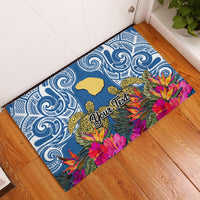 Custom Hawaii Lanai Island Rubber Doormat Hibiscus Turle and Map with Polynesian Spiral LT03 Blue - Polynesian Pride