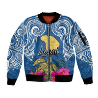 Custom Hawaii Lanai Island Sleeve Zip Bomber Jacket Hibiscus Turle and Map with Polynesian Spiral LT03 Unisex Blue - Polynesian Pride
