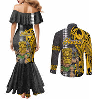 Hawaii Lanai Island Couples Matching Mermaid Dress and Long Sleeve Button Shirts Hawaiian Warrior and Kakau Symbols Abstract Tattoo LT03 - Polynesian Pride