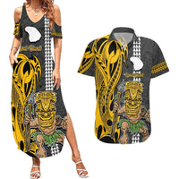 Hawaii Lanai Island Couples Matching Summer Maxi Dress and Hawaiian Shirt Hawaiian Warrior and Kakau Symbols Abstract Tattoo LT03 Yellow - Polynesian Pride