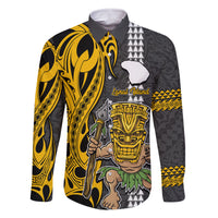 Hawaii Lanai Island Family Matching Off Shoulder Maxi Dress and Hawaiian Shirt Hawaiian Warrior and Kakau Symbols Abstract Tattoo LT03 Dad's Shirt - Long Sleeve Yellow - Polynesian Pride