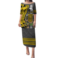 Hawaii Lanai Island Family Matching Puletasi Dress and Hawaiian Shirt Hawaiian Warrior and Kakau Symbols Abstract Tattoo LT03 Mom's Dress Yellow - Polynesian Pride