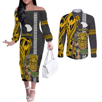 Custom Hawaii Lanai Island Couples Matching Off The Shoulder Long Sleeve Dress and Long Sleeve Button Shirts Hawaiian Warrior and Kakau Symbols Abstract Tattoo LT03 Yellow - Polynesian Pride
