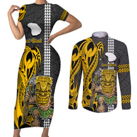 Custom Hawaii Lanai Island Couples Matching Short Sleeve Bodycon Dress and Long Sleeve Button Shirts Hawaiian Warrior and Kakau Symbols Abstract Tattoo LT03 Yellow - Polynesian Pride