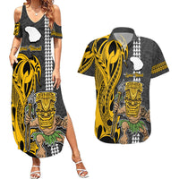 Custom Hawaii Lanai Island Couples Matching Summer Maxi Dress and Hawaiian Shirt Hawaiian Warrior and Kakau Symbols Abstract Tattoo LT03 Yellow - Polynesian Pride