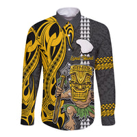 Custom Hawaii Lanai Island Long Sleeve Button Shirt Hawaiian Warrior and Kakau Symbols Abstract Tattoo LT03 Unisex Yellow - Polynesian Pride