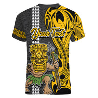 Custom Hawaii Lanai Island Women V Neck T Shirt Hawaiian Warrior and Kakau Symbols Abstract Tattoo LT03 - Polynesian Pride