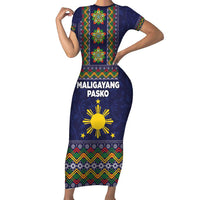 Philippines Merry Christmas Short Sleeve Bodycon Dress Maligayang Pasko with Parol and Xmas Pattern Barong Style LT03 Long Dress Blue - Polynesian Pride