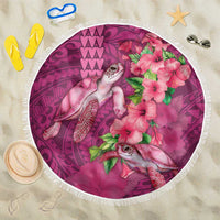 Hawaiian Turtle Love Couple Beach Blanket - Sweet Hibiscus and Kakau Pattern Rose Color LT03 One Size 150cm Pink - Polynesian Pride