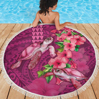 Hawaiian Turtle Love Couple Beach Blanket - Sweet Hibiscus and Kakau Pattern Rose Color LT03 - Polynesian Pride