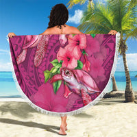 Hawaiian Turtle Love Couple Beach Blanket - Sweet Hibiscus and Kakau Pattern Rose Color LT03 - Polynesian Pride