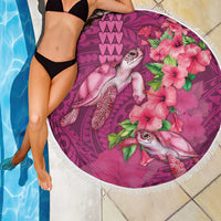 Hawaiian Turtle Love Couple Beach Blanket - Sweet Hibiscus and Kakau Pattern Rose Color LT03 - Polynesian Pride