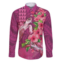 Hawaiian Turtle Love Couple Family Matching Off The Shoulder Long Sleeve Dress and Hawaiian Shirt - Sweet Hibiscus and Kakau Pattern Rose Color