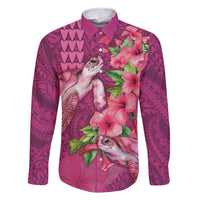 Hawaiian Turtle Love Couple Family Matching Off Shoulder Short Dress and Hawaiian Shirt - Sweet Hibiscus and Kakau Pattern Rose Color LT03 Dad's Shirt - Long Sleeve Pink - Polynesian Pride