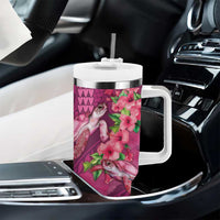 Hawaiian Turtle Love Couple Tumbler With Handle Sweet Hibiscus and Kakau Pattern Rose Color