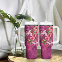 Hawaiian Turtle Love Couple Tumbler With Handle Sweet Hibiscus and Kakau Pattern Rose Color