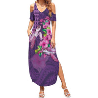 Hawaiian Turtle Love Couple Family Matching Summer Maxi Dress and Hawaiian Shirt - Sweet Hibiscus and Kakau Pattern Deep Purple Color LT03 Mom's Dress Purple - Polynesian Pride