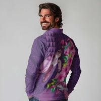 Hawaiian Turtle Love Couple Long Sleeve Polo Shirt - Sweet Hibiscus and Kakau Pattern Deep Purple Color