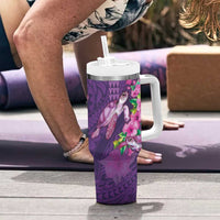 Hawaiian Turtle Love Couple Tumbler With Handle Sweet Hibiscus and Kakau Pattern Deep Purple Color