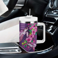 Hawaiian Turtle Love Couple Tumbler With Handle Sweet Hibiscus and Kakau Pattern Deep Purple Color