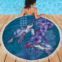 Hawaiian Turtle Love Couple Beach Blanket - Sweet Hibiscus and Kakau Pattern Sapphire Color LT03 - Polynesian Pride