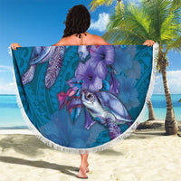 Hawaiian Turtle Love Couple Beach Blanket - Sweet Hibiscus and Kakau Pattern Sapphire Color LT03 - Polynesian Pride