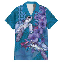 Hawaiian Turtle Love Couple Family Matching Off The Shoulder Long Sleeve Dress and Hawaiian Shirt - Sweet Hibiscus and Kakau Pattern Sapphire Color