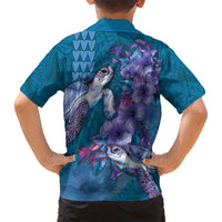 Hawaiian Turtle Love Couple Family Matching Off Shoulder Short Dress and Hawaiian Shirt - Sweet Hibiscus and Kakau Pattern Sapphire Color LT03 - Polynesian Pride