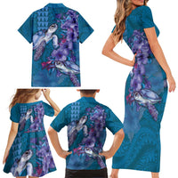 Hawaiian Turtle Love Couple Family Matching Short Sleeve Bodycon Dress and Hawaiian Shirt - Sweet Hibiscus and Kakau Pattern Sapphire Color