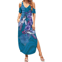 Hawaiian Turtle Love Couple Family Matching Summer Maxi Dress and Hawaiian Shirt - Sweet Hibiscus and Kakau Pattern Sapphire Color