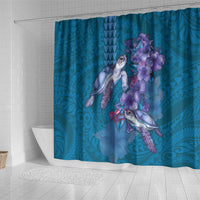 Hawaiian Turtle Love Couple Shower Curtain - Sweet Hibiscus and Kakau Pattern Sapphire Color LT03 - Polynesian Pride