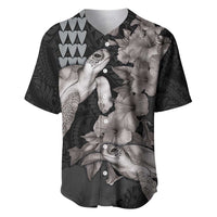 Hawaiian Turtle Love Couple Baseball Jersey - Sweet Hibiscus and Kakau Pattern Grayscale Color LT03 Black - Polynesian Pride