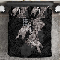 Hawaiian Turtle Love Couple Bedding Set - Sweet Hibiscus and Kakau Pattern Grayscale Color